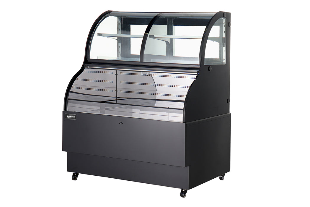 Omcan 48″ Open Refrigerated Floor Display Case – 16.53 Cu. Ft. (468L), One-Shelf Black Dual-Service Merchandising Display Cooler