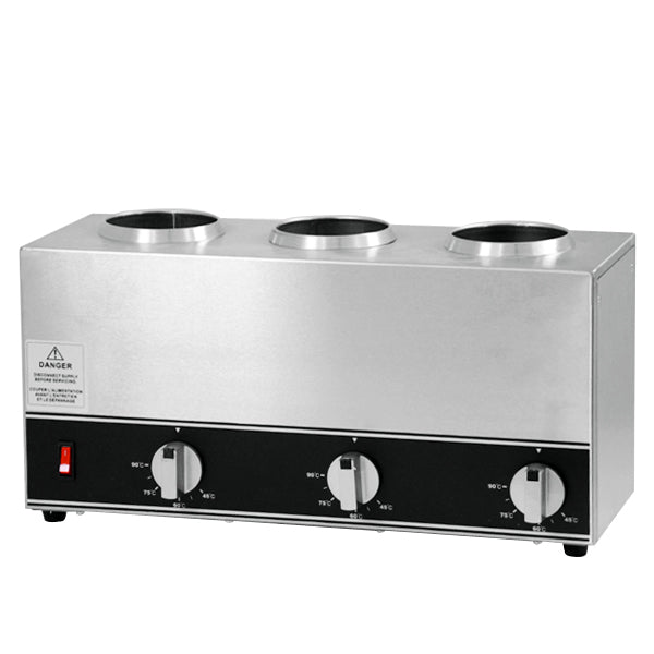 Omcan 3 x 32 oz Triple Bottle Sauce Warmer – Commercial Countertop Triple Condiment Heating Station for Sauces and Dressings - Donut-Equipment.com