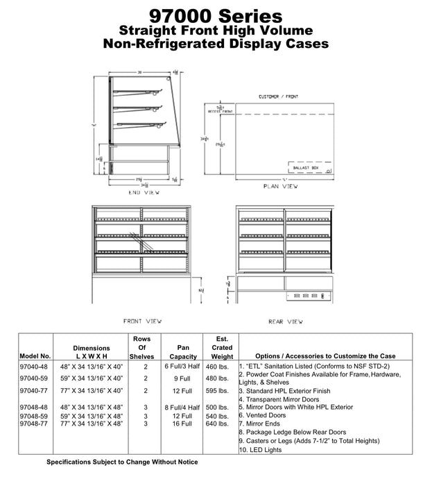 Non Refrigerated Food Display 97040-59 Straight Front High Volume 59” X 34 13/16” X 40”