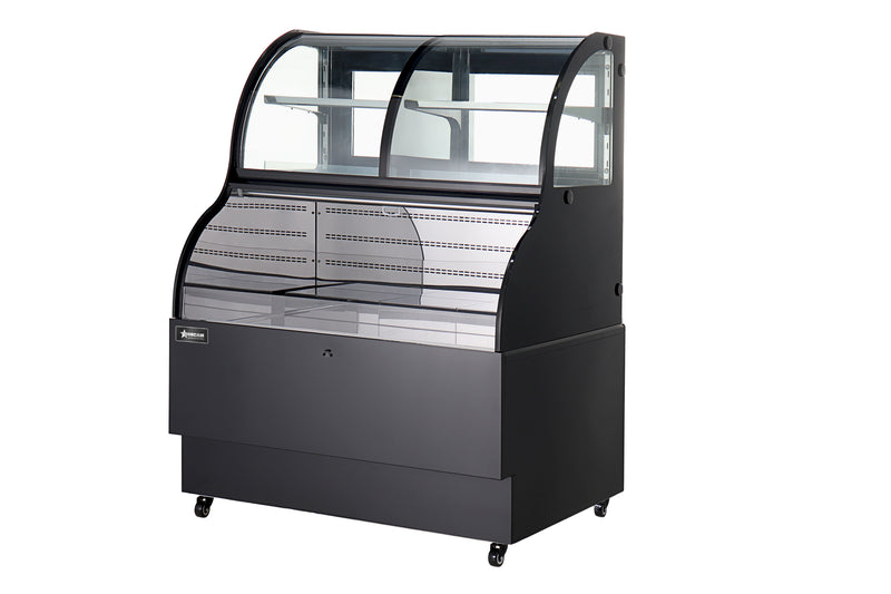 Omcan 36″ Open Refrigerated Floor Display Case – 12.5 Cu. Ft. (354L), One-Shelf Black Dual-Service Merchandising Display Cooler