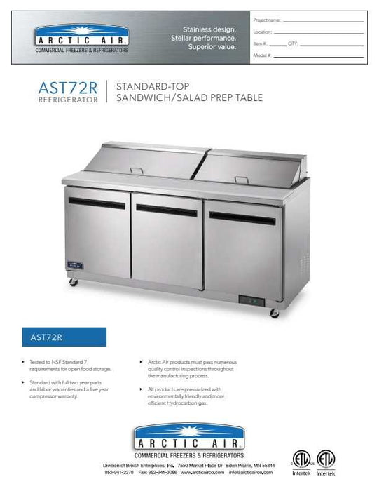 Arctic Air AST72R 72" Two Door Sandwich / Salad Prep Refrigerator
