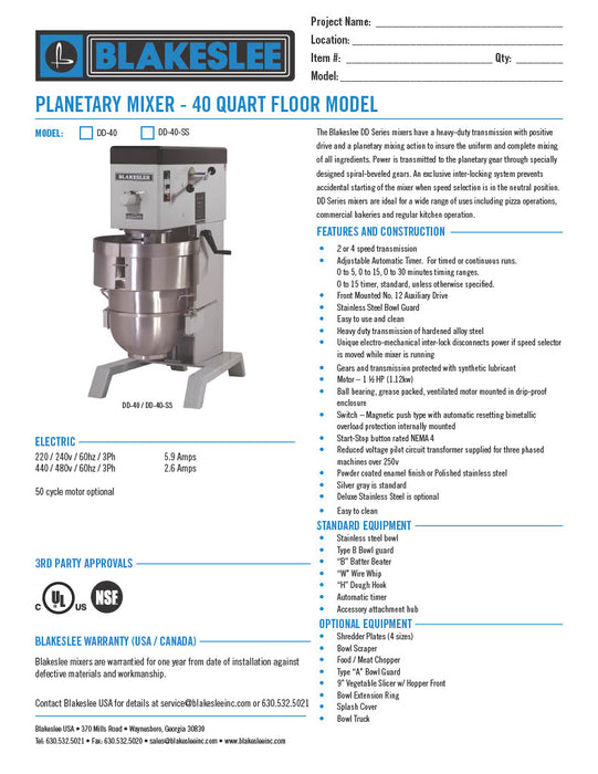 Blakeslee DD-40, 40 Quart Floor Planetary Mixer, 4 gear transmission - Donut-Equipment.com