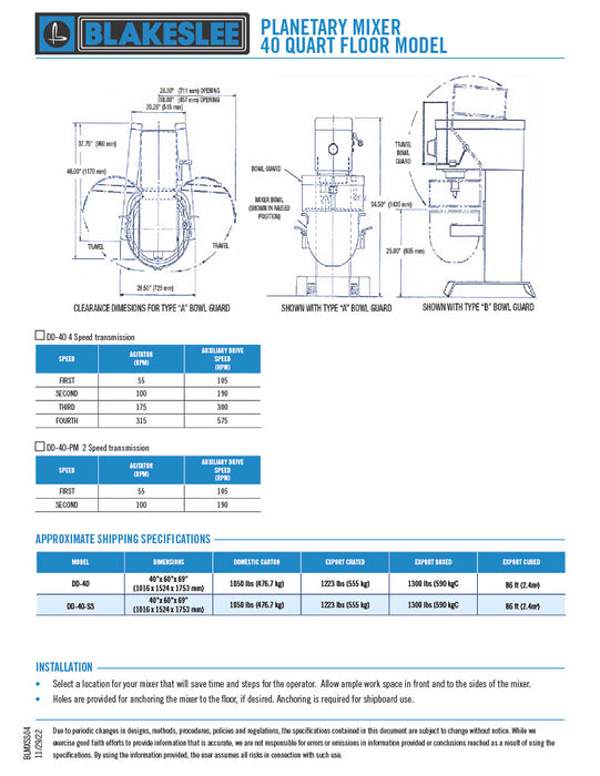 Blakeslee DD-40, 40 Quart Floor Planetary Mixer, 4 gear transmission - Donut-Equipment.com