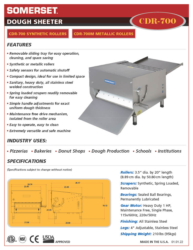 CDR-700 Dough Sheeter featuring 20" Wide Rollers - Donut-Equipment.com