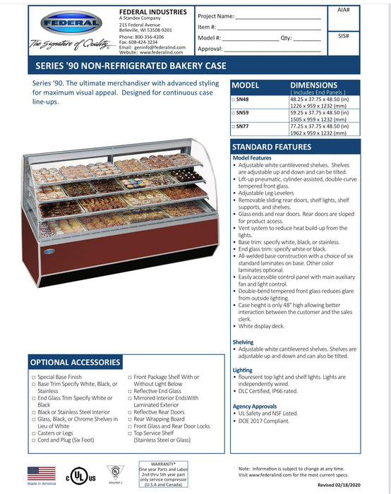 Desert Beige Exterior Color Federal SNR59SC SERIES '90 Refrigerated Bakery Case 59" x 37.75" x 48"
