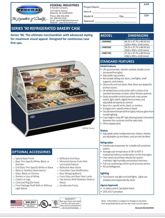 Montana Walnut Exterior Color Federal SNR59SC SERIES '90 Refrigerated Bakery Case 59" x 37.75" x 48"