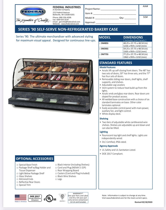White Exterior Color Non Refrigerated Self-Serve Display Federal SN77SS 77" x 37.75" x 48"