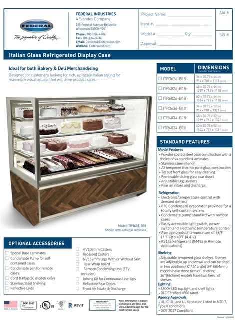 Federal Industries (ITR6034-B18) 52"(H)- 60" Full Service Case w/Straight Glass (Refrigerated) 120V - Donut-Equipment.com