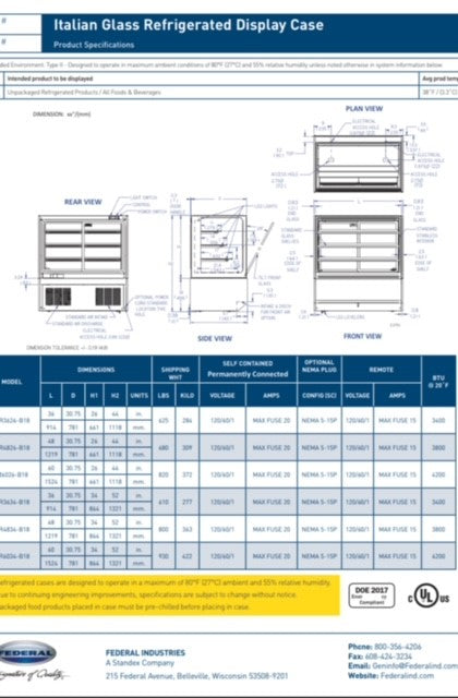 Federal Industries (ITR6034-B18) 52"(H)- 60" Full Service Case w/Straight Glass (Refrigerated) 120V - Donut-Equipment.com