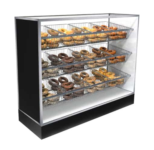 Jahabow BMB Series 60.375"L x 22"D x 50"H Bagel Merchandiser Display Case – Aluminum, Tempered Glass, w/ 3 Fixed Rows, Non-Refrigerated - Donut-Equipment.com