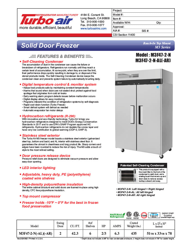 Turbo Air M3F47-2-N M3 Series 52" Stainless Steel Reach-In Freezer - Donut-Equipment.com