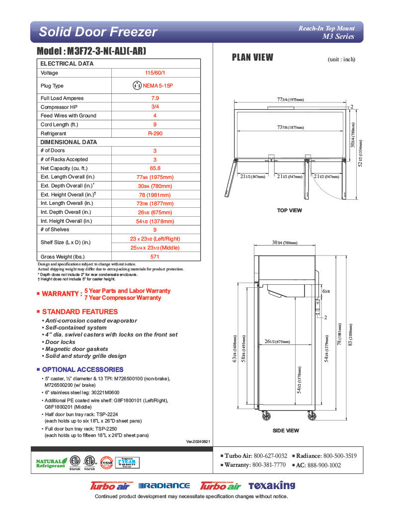 Turbo Air M3F72-3-N M3 Series 78" Solid Door Reach In Freezer - Donut-Equipment.com