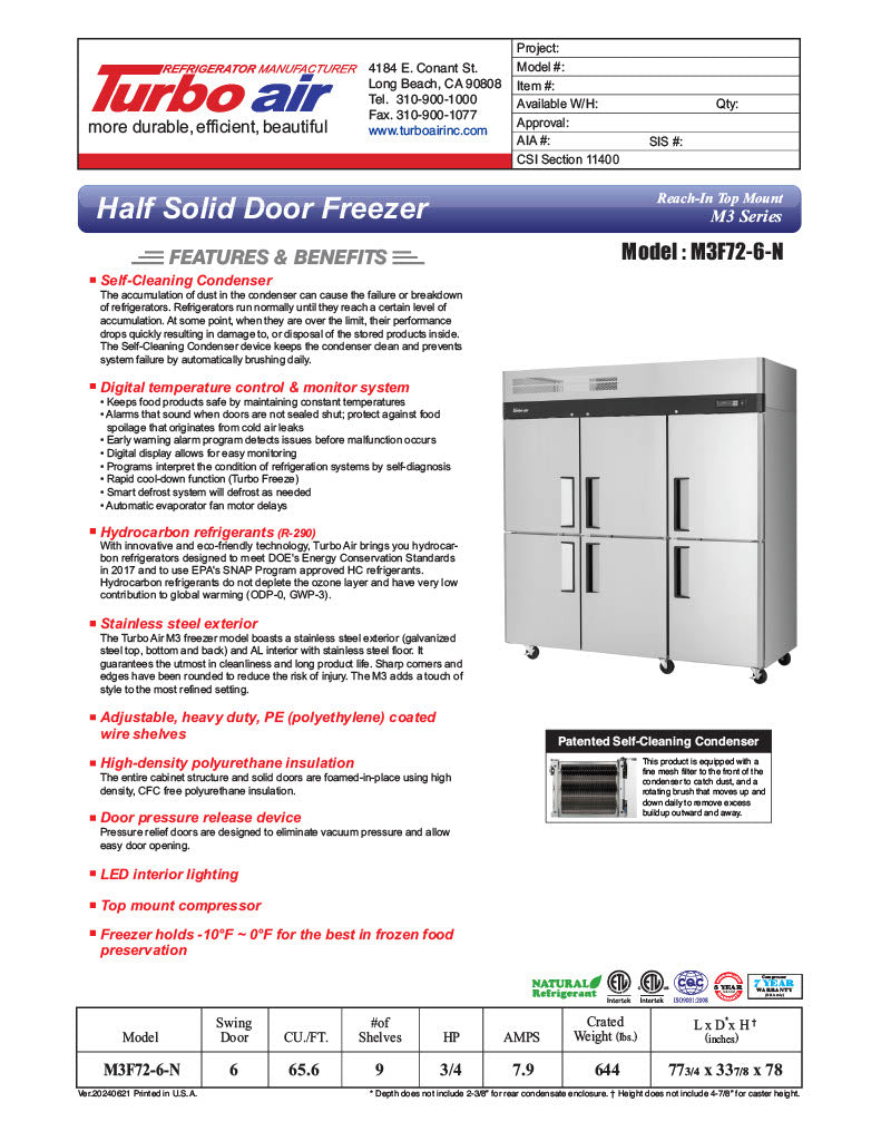 Turbo Air M3F72-6-N M3 Series 78" Solid Half Door Reach In Freezer - Donut-Equipment.com