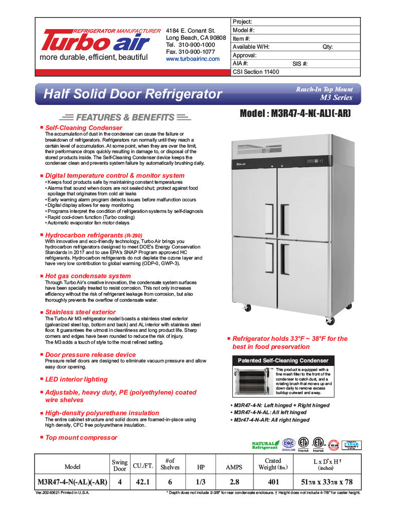 Turbo Air M3R47-4-N 51 3/4" Two Section Reach In Refrigerator, (4) Left/Right Hinge Solid Doors, 115v - Donut-Equipment.com