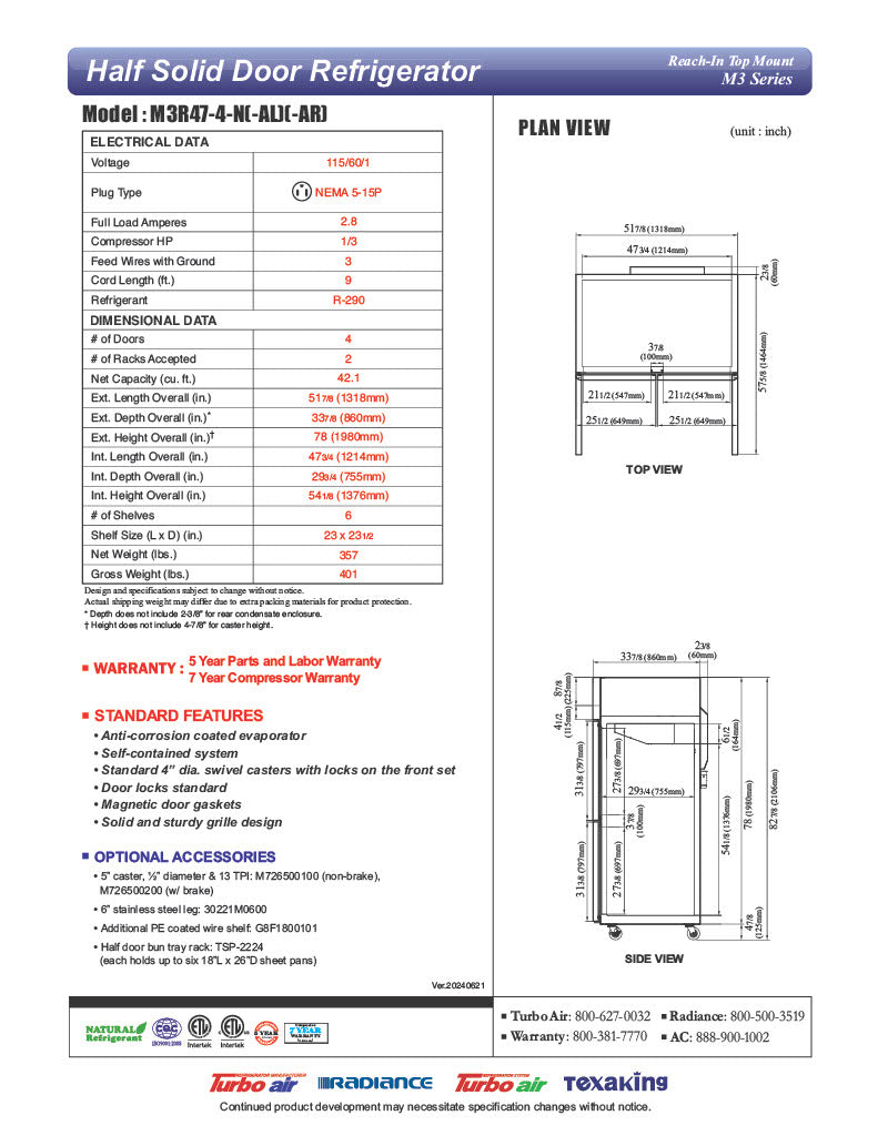 Turbo Air M3R47-4-N 51 3/4" Two Section Reach In Refrigerator, (4) Left/Right Hinge Solid Doors, 115v - Donut-Equipment.com