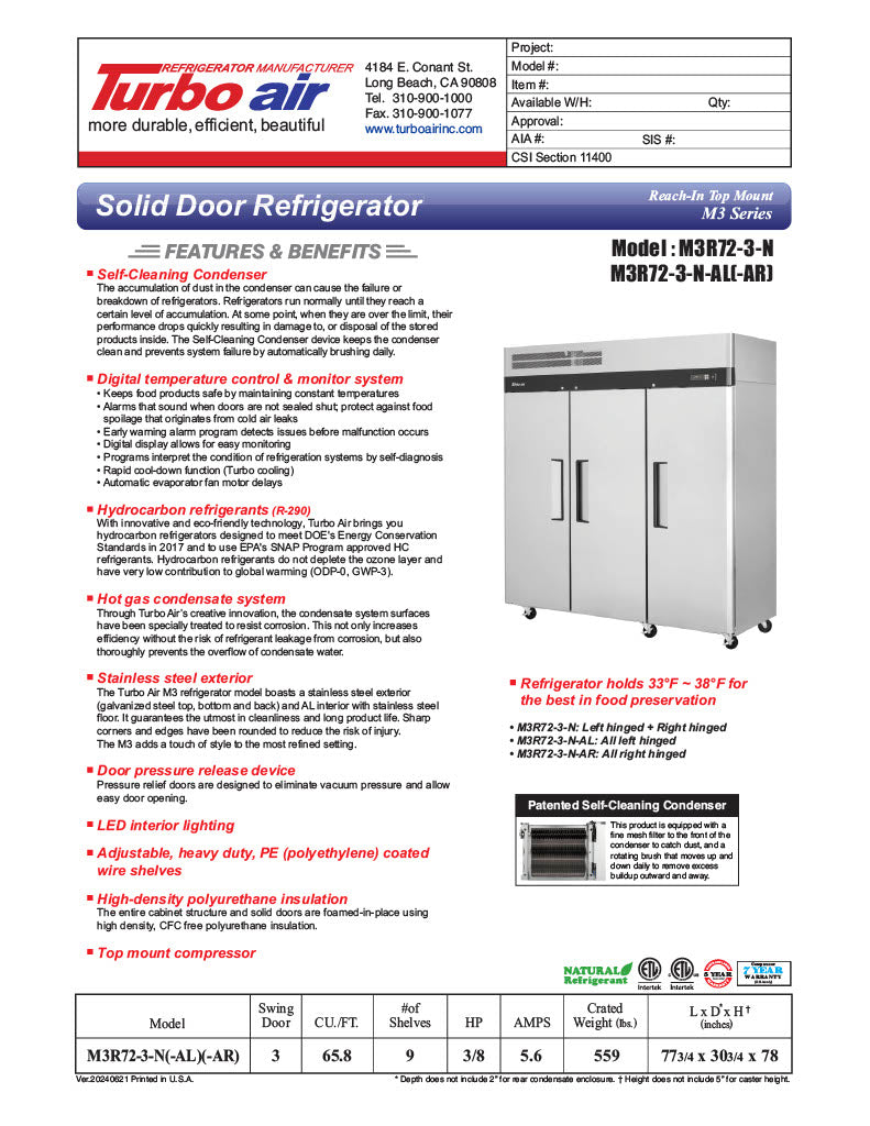Turbo Air M3R72-3-N M3 Series 78" Solid Door Stainless Steel Reach-In Refrigerator - Donut-Equipment.com
