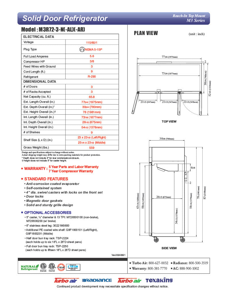 Turbo Air M3R72-3-N M3 Series 78" Solid Door Stainless Steel Reach-In Refrigerator - Donut-Equipment.com