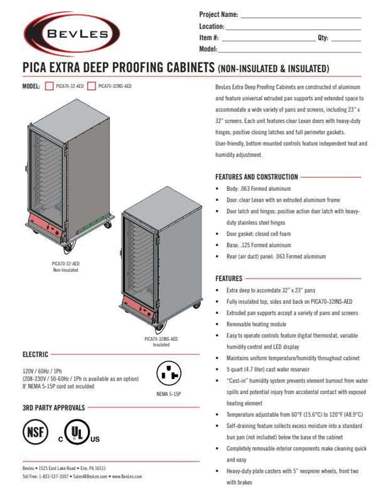 Bevles Model: PICA70-32INS-AED-1L1 Extra Deep (115V) Left Hand Hinged Single Door Proofing Cabinet (Insulated)