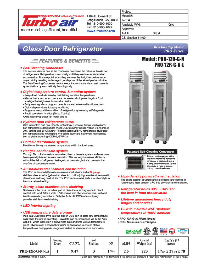 Turbo Air PRO-15R-G-N(-L) 13.34 Cu. Ft. Reach-In One-Section PRO Series Refrigerator - 115 Volts - Donut-Equipment.com