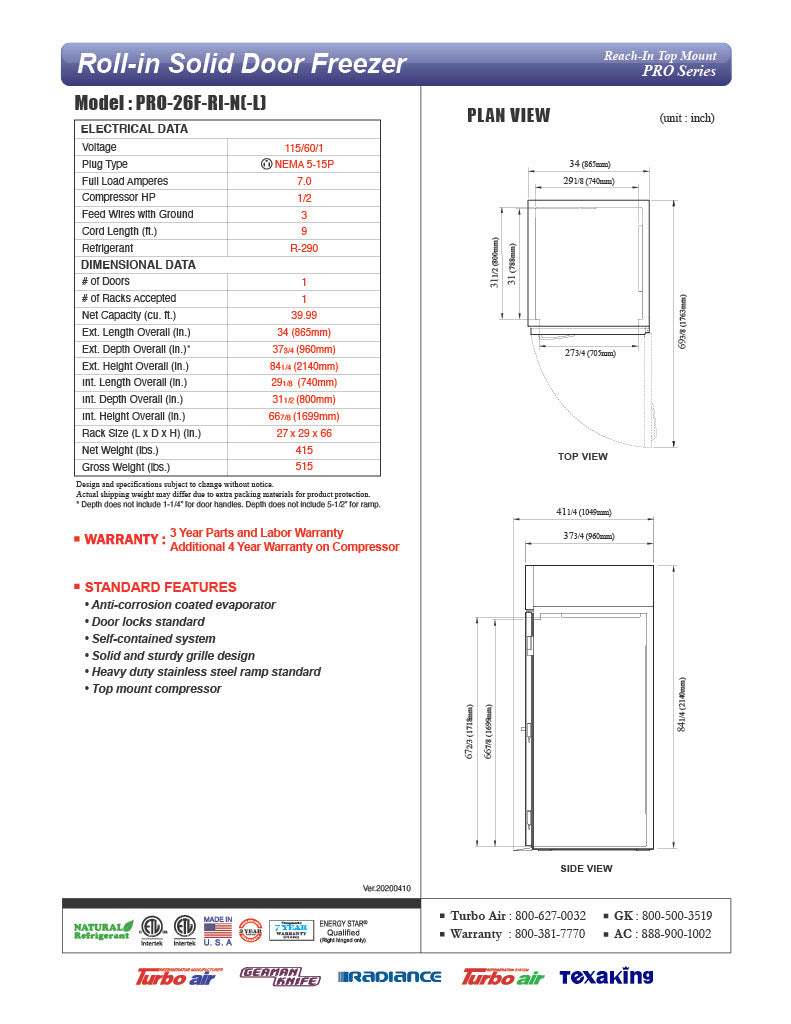 Turbo Air PRO-26F-RI-N 35" Premiere Pro Series Solid Door Roll-In Freezer - Donut-Equipment.com