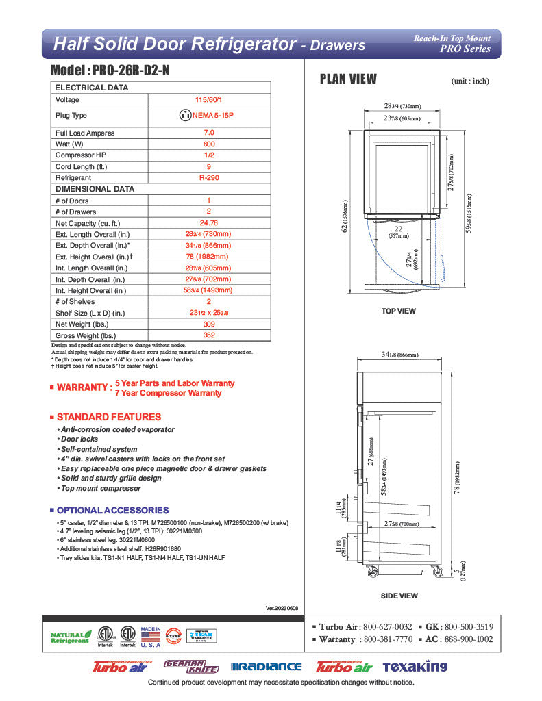 Turbo Air PRO-26R-D2-N 28 3/4" One Section Reach In Refrigerator - (1) Right Hinge Solid Door & (2) Drawers, 115v - Donut-Equipment.com