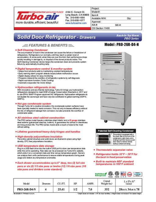 Turbo Air PRO-26R-D4-N, 28 3/4" One Section Reach In Refrigerator - (4) Solid Drawers, 115v - Donut-Equipment.com