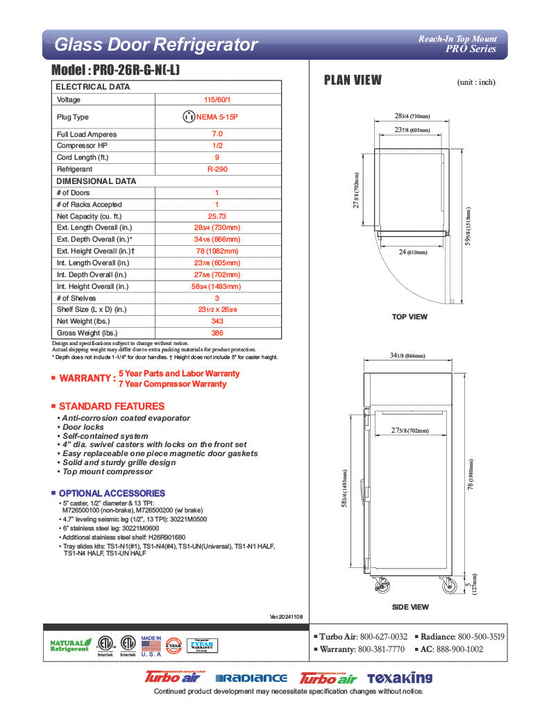 Turbo Air PRO-26R-G-N Single Section Reach-In Top Mount Glass Full Door Refrigerator - Donut-Equipment.com