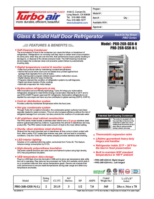 Turbo Air PRO-26R-GSH-N Pro Series 29" Glass / Solid Half Door Reach In Refrigerator - Donut-Equipment.com