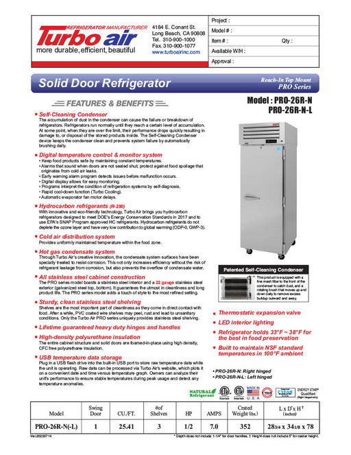 Turbo Air PRO-26R-N 29" Premiere Pro Series Solid Door Reach in Refrigerator - Donut-Equipment.com