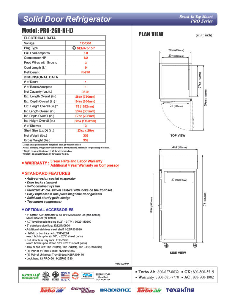 Turbo Air PRO-26R-N 29" Premiere Pro Series Solid Door Reach in Refrigerator - Donut-Equipment.com