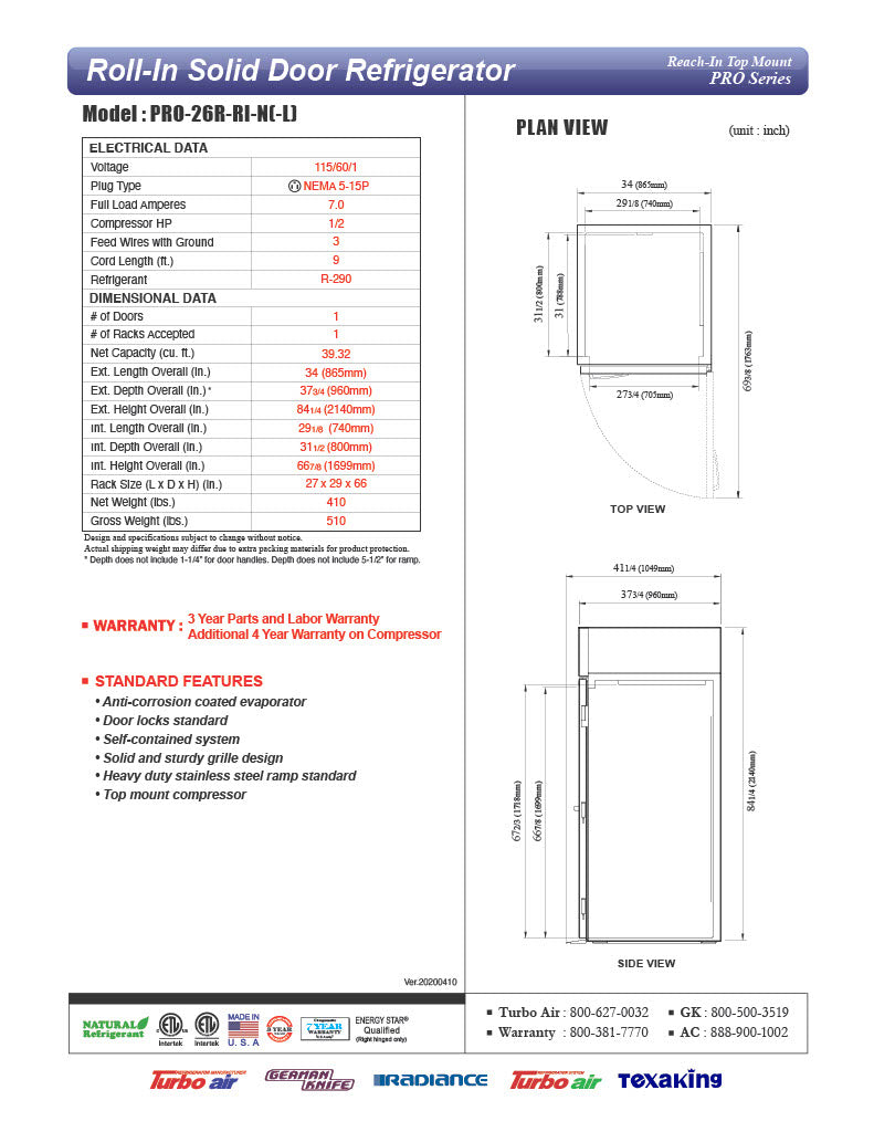 Turbo Air PRO-26R-RI-N 35" Premiere Pro Series Solid Door Roll-In Refrigerator - Donut-Equipment.com