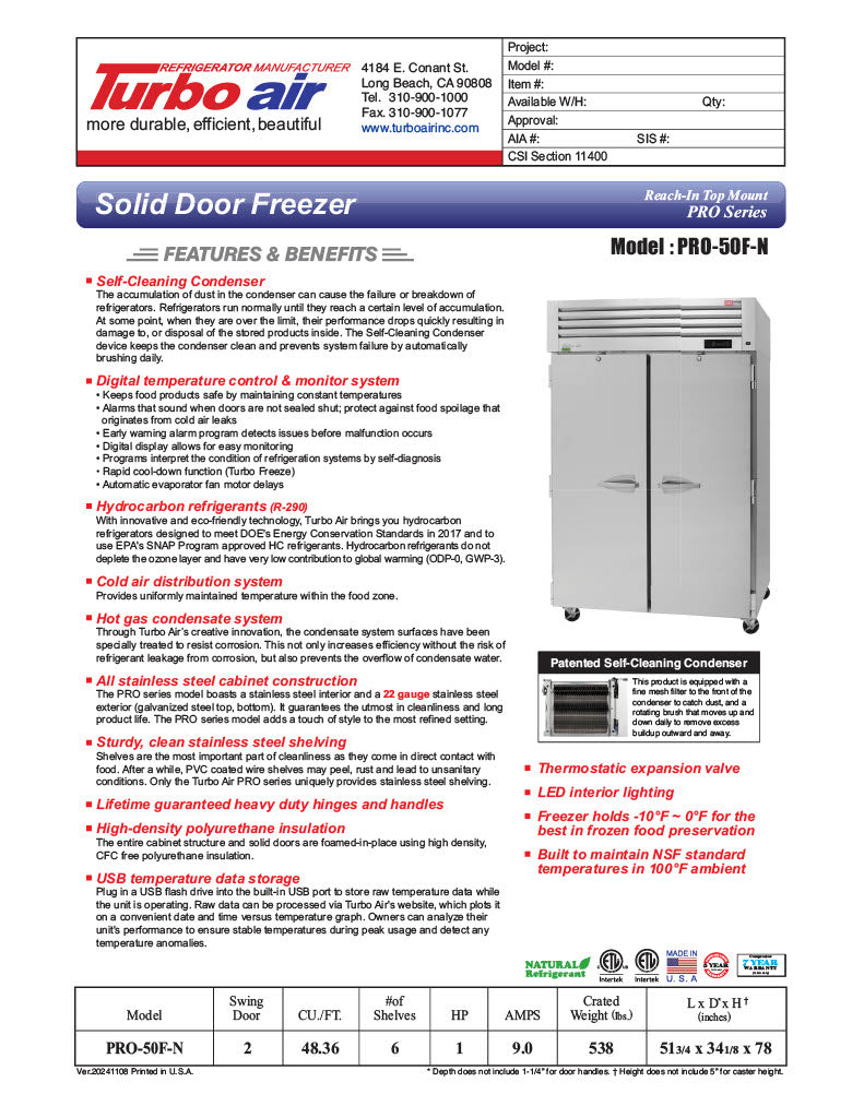 Turbo Air PRO-50F-N 52" Premiere Pro Series Solid Door Reach in Freezer - Donut-Equipment.com