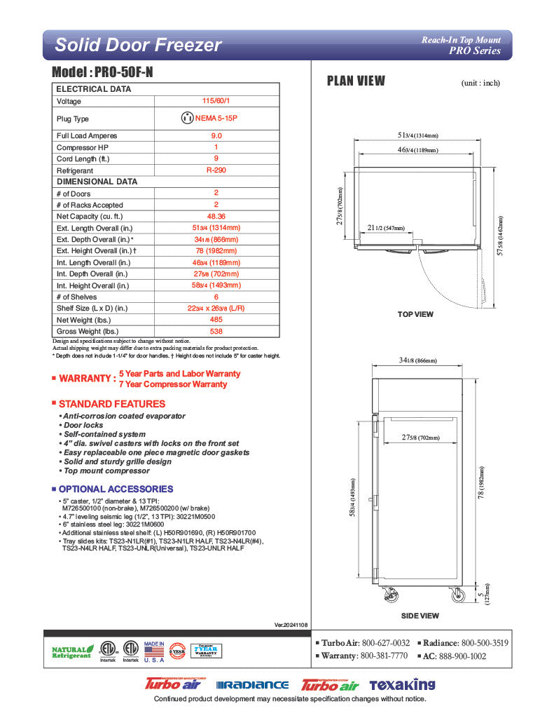 Turbo Air PRO-50F-N 52" Premiere Pro Series Solid Door Reach in Freezer - Donut-Equipment.com