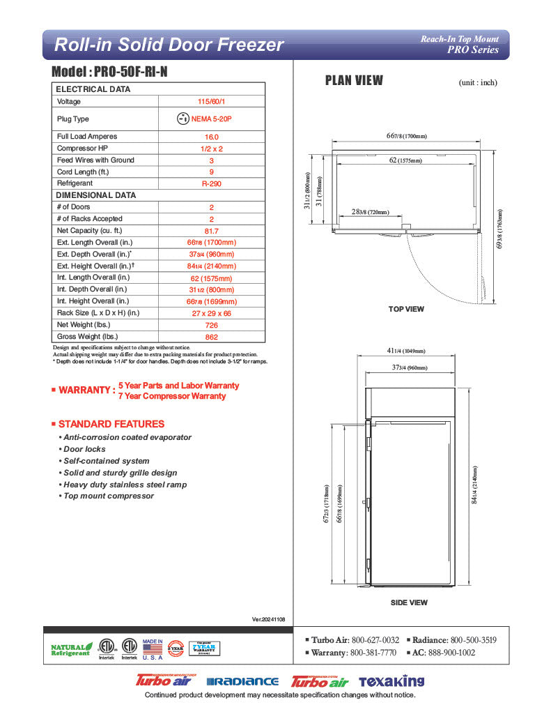 Turbo Air PRO-50F-RI-N 67" Premiere Pro Series Solid Door Roll-In Freezer - Donut-Equipment.com