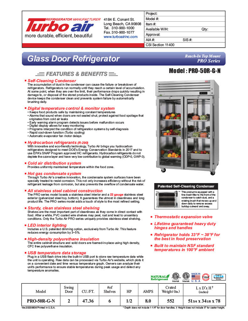 Turbo Air PRO-50R-G-N 51 3/4" Two Section Reach In Refrigerator, (2) Hinged Glass Doors, 115v - Donut-Equipment.com