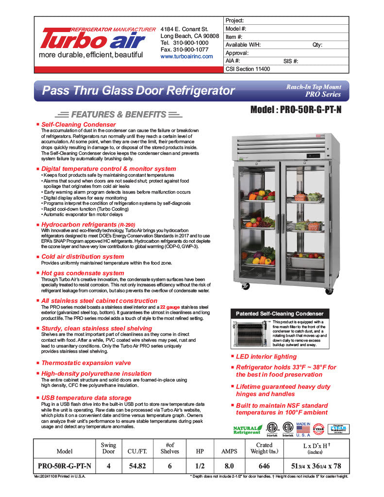 Turbo Air PRO-50R-G-PT-N 2 Section Glass Door Pass-Thru Refrigerator - Donut-Equipment.com