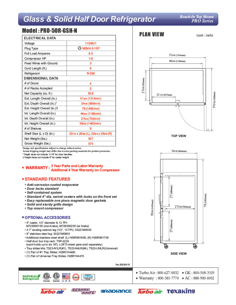 Turbo Air PRO-50R-GSH-N 52" Premiere Pro Series, Two Section Reach-In Refrigerator with Solid and Glass Half Doors - Donut-Equipment.com