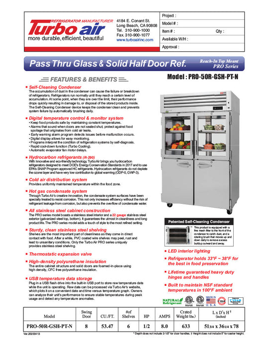 Turbo Air PRO-50R-GSH-PT-N Pro Series 52" Glass / Solid Half Door Pass-Through Refrigerator - Donut-Equipment.com