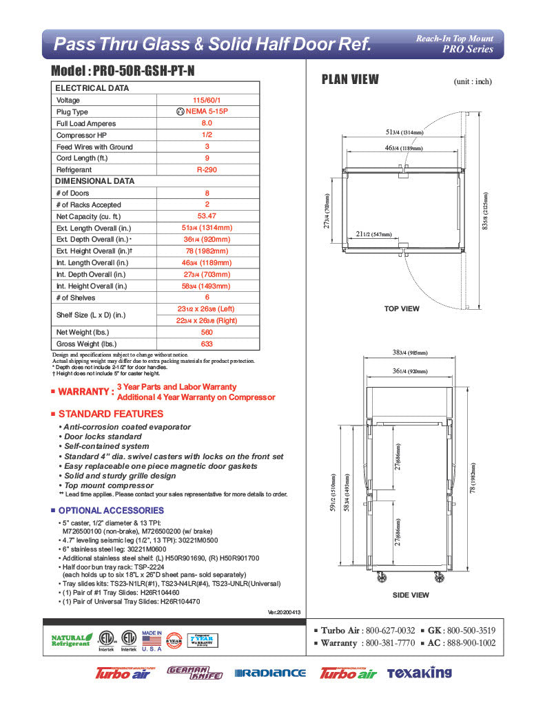 Turbo Air PRO-50R-GSH-PT-N Pro Series 52" Glass / Solid Half Door Pass-Through Refrigerator - Donut-Equipment.com