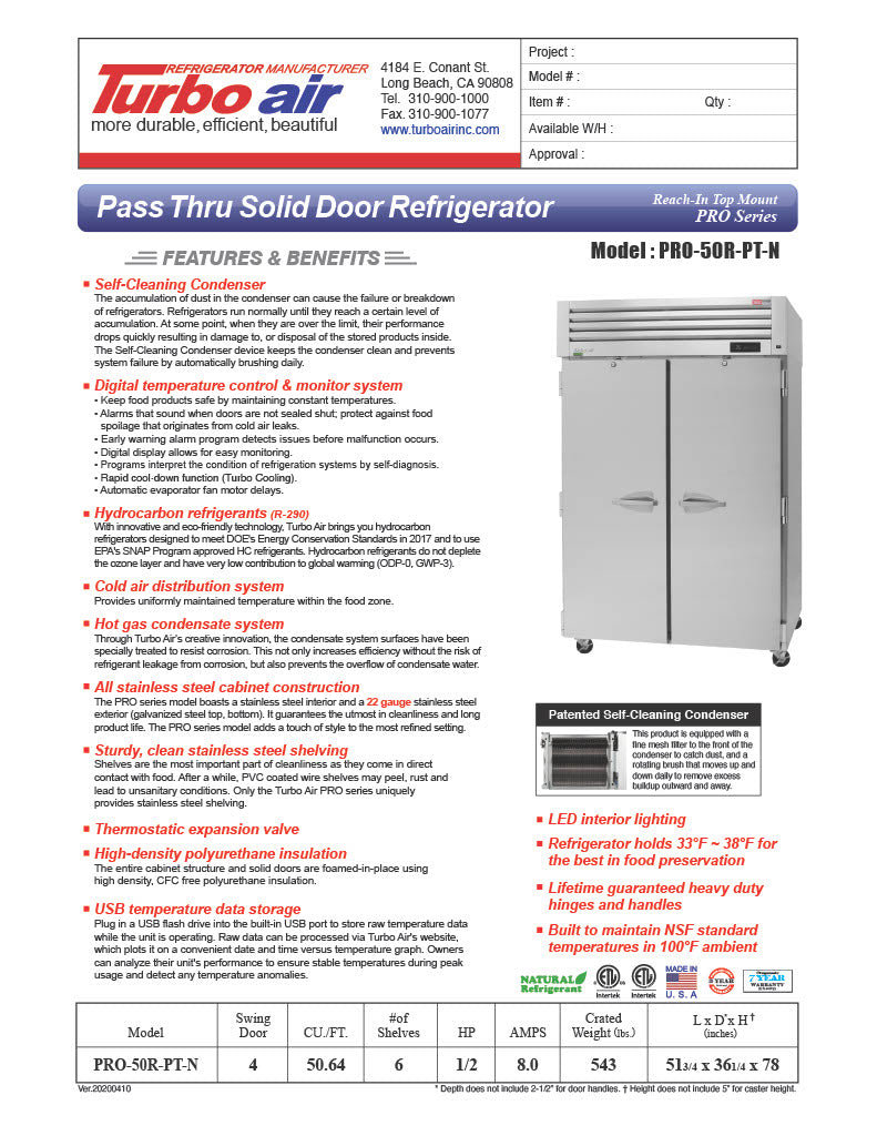 Turbo Air PRO-50R-PT-N 52" Premiere Pro Series Solid Door Pass-Through Refrigerator - Donut-Equipment.com