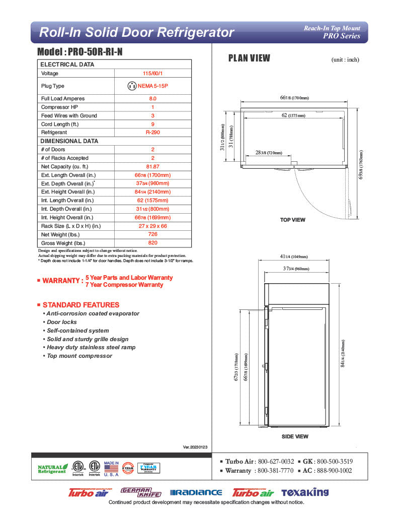 Turbo Air PRO-50R-RI-N 67" Two Section Roll In Refrigerator, (2) Left/Right Hinge Solid Doors, 115v - Donut-Equipment.com