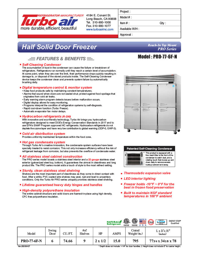 Turbo Air PRO-77-6F-N 78" Premiere Pro Series Solid Half Door Reach in Freezer - Donut-Equipment.com
