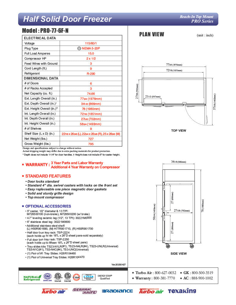 Turbo Air PRO-77-6F-N 78" Premiere Pro Series Solid Half Door Reach in Freezer - Donut-Equipment.com