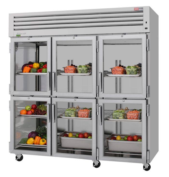 Turbo Air PRO-77-6R-G-N 77 3/4" Three Section Reach In Refrigerator, (6) Left/Right Hinge Glass Doors, 115v - Donut-Equipment.com