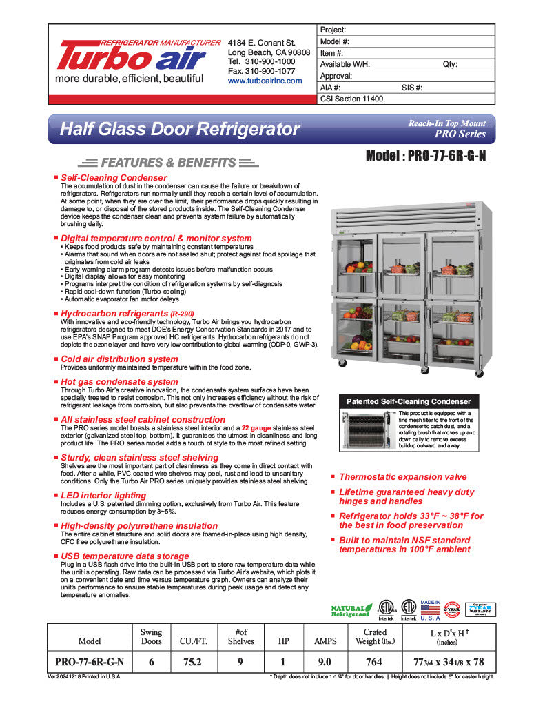 Turbo Air PRO-77-6R-G-N 77 3/4" Three Section Reach In Refrigerator, (6) Left/Right Hinge Glass Doors, 115v - Donut-Equipment.com