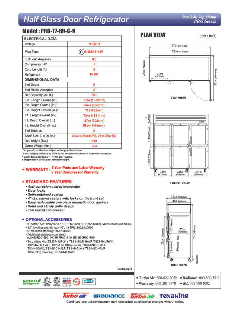Turbo Air PRO-77-6R-G-N 77 3/4" Three Section Reach In Refrigerator, (6) Left/Right Hinge Glass Doors, 115v - Donut-Equipment.com