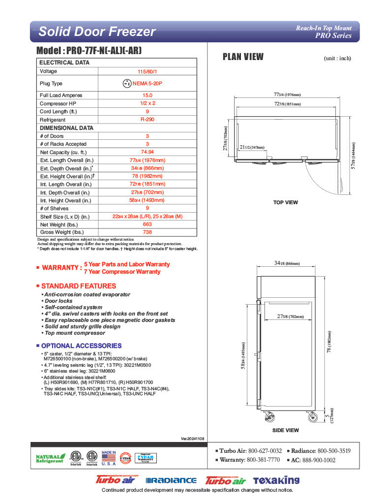 Turbo Air PRO-77F-N 78" Premiere Pro Series Solid Door Reach in Freezer - Donut-Equipment.com