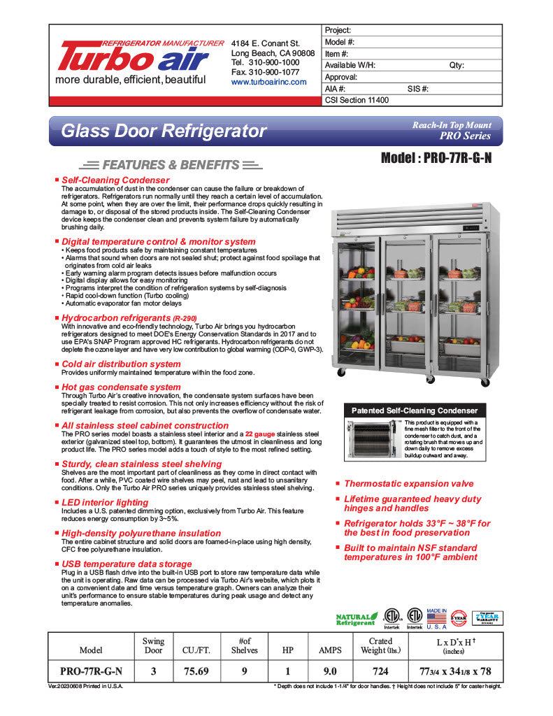 Turbo Air PRO-77R-G-N, 77 3/4" Three Section Reach In Refrigerator, (3) Left/Right Hinge Glass Doors, 115v - Donut-Equipment.com