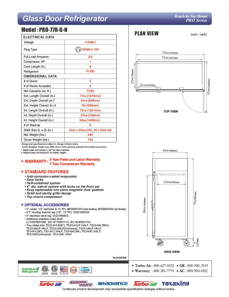 Turbo Air PRO-77R-G-N, 77 3/4" Three Section Reach In Refrigerator, (3) Left/Right Hinge Glass Doors, 115v - Donut-Equipment.com