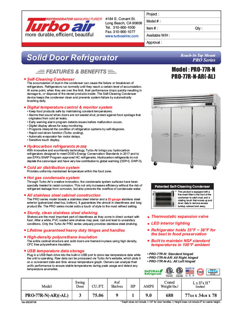 Turbo Air PRO-77R-N 78" Premiere Pro Series Solid Door Reach in Refrigerator - Donut-Equipment.com